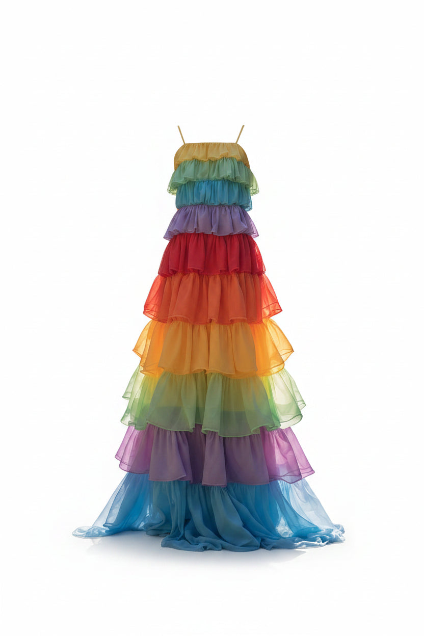 Rainbow Tiered Chiffon A-Line Gown – Drag Queen Prom & Party Dress