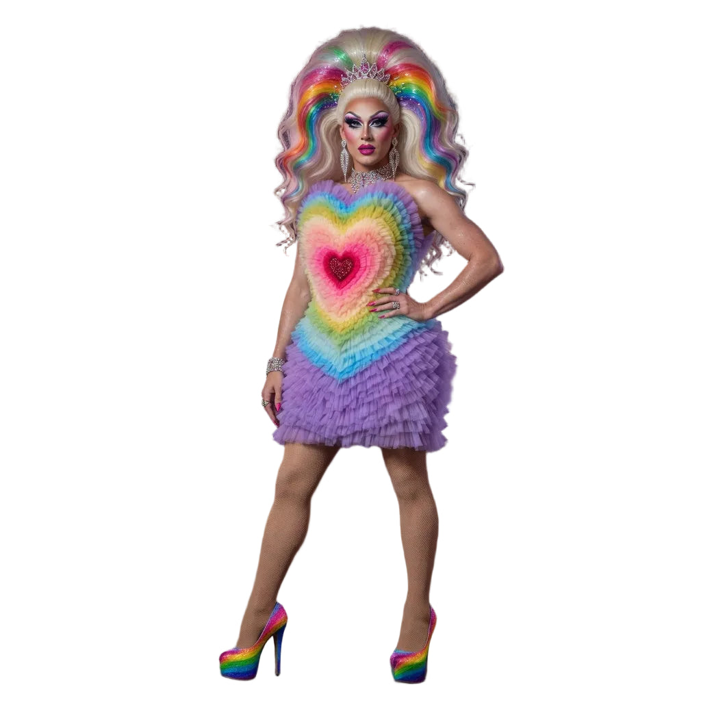 Rainbow Heart Tulle Mini Dress – Sweetheart Neckline Drag Queen Dress