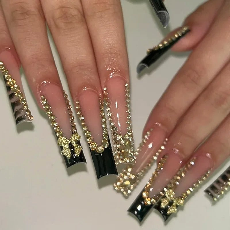 Phata Morgana Luxury Press-On Nails – Black French Tips with Diamonds & Bow