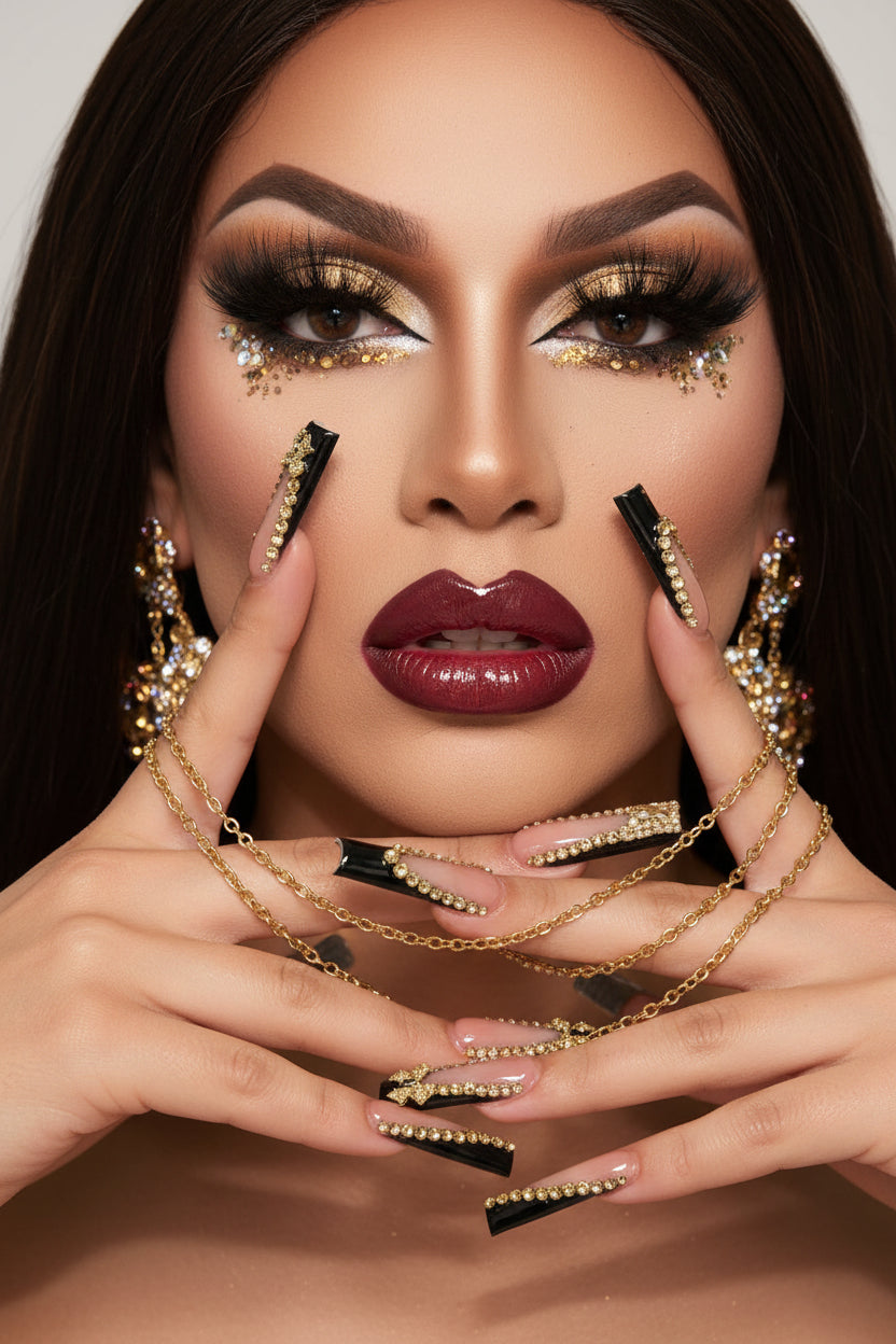 Phata Morgana Luxury Press-On Nails – Black French Tips with Diamonds & Bow