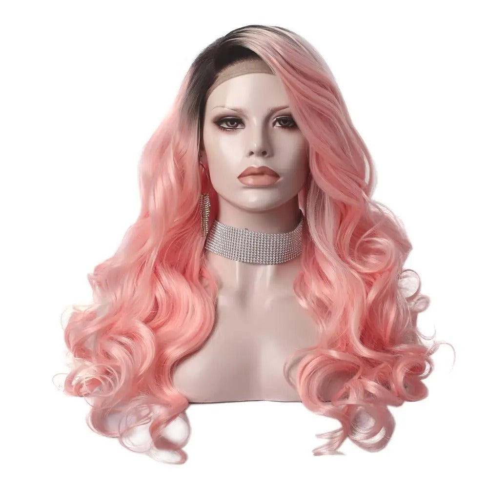 Kaye Bye Dark Root Pink Lace Front Wig - Long Curly Synthetic Hair