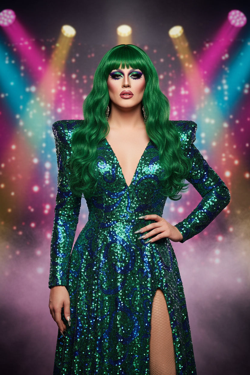 Miss Sublime Green Curly Wig – 26" Stage-Ready Glamour