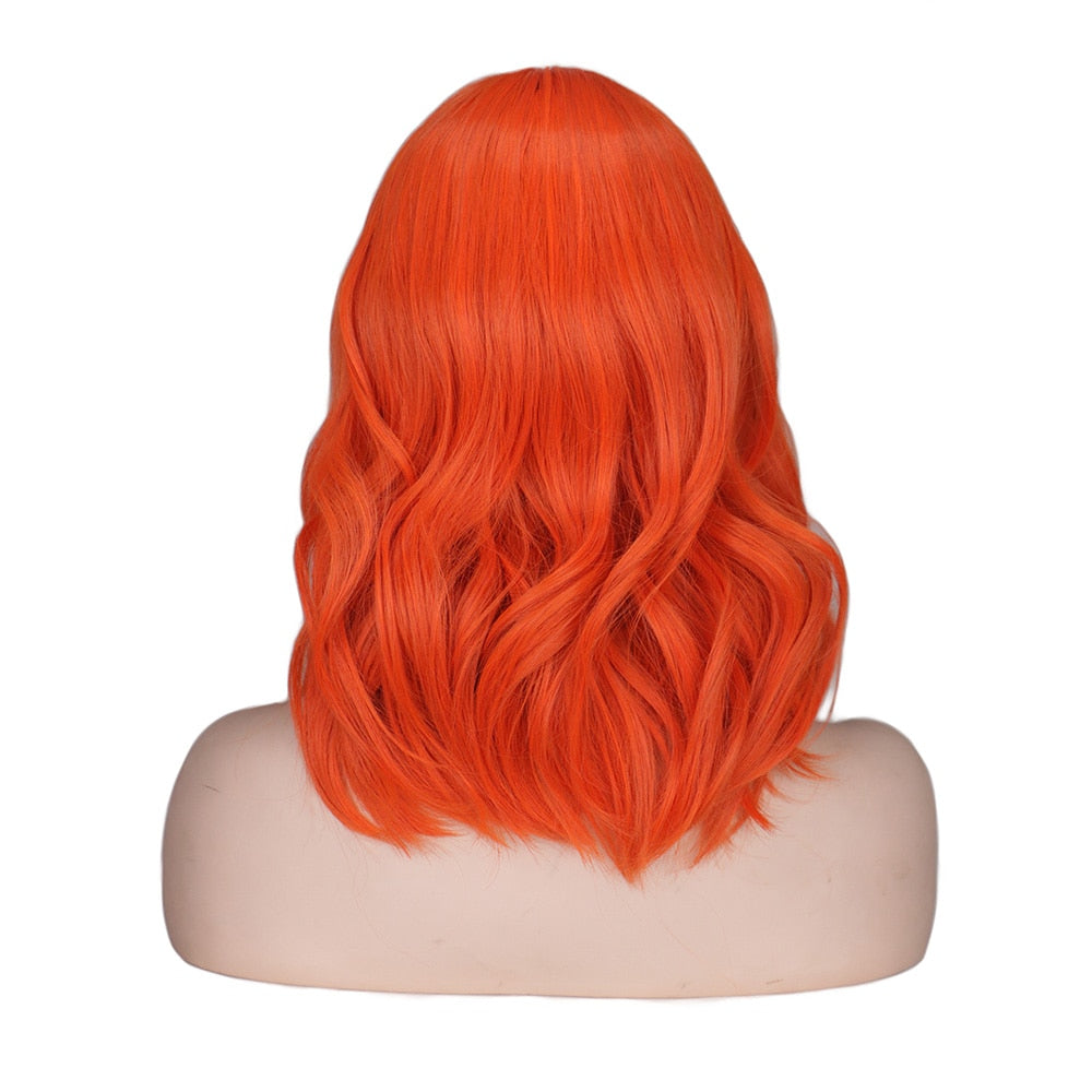 Short Wavy Orange Wig with Bangs