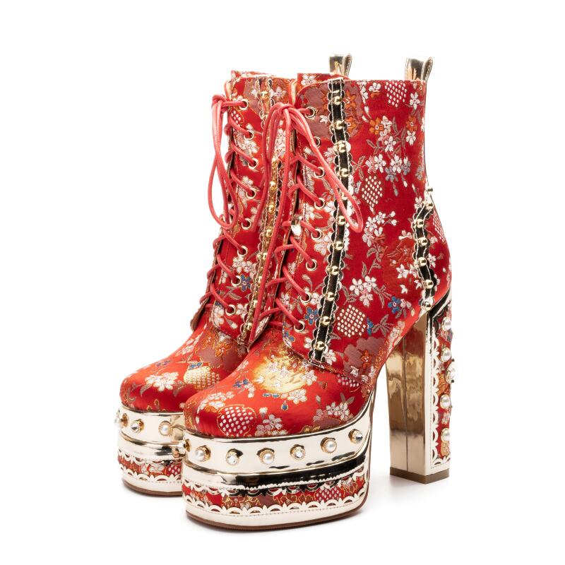 Genuine Leather Embroidered Silk Boots