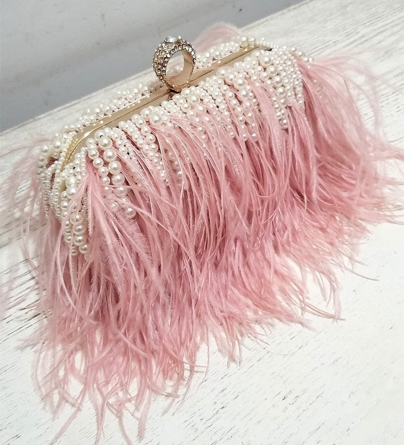 Satty Phection Pink Ostrich Feather Clutch