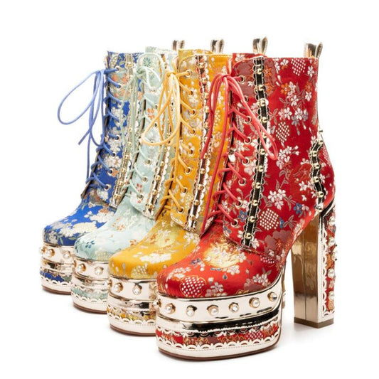 Genuine Leather Embroidered Silk Boots