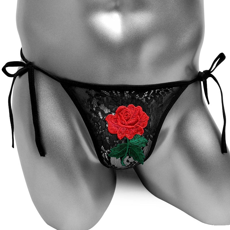 Embroidered Flower Lace-up Thong