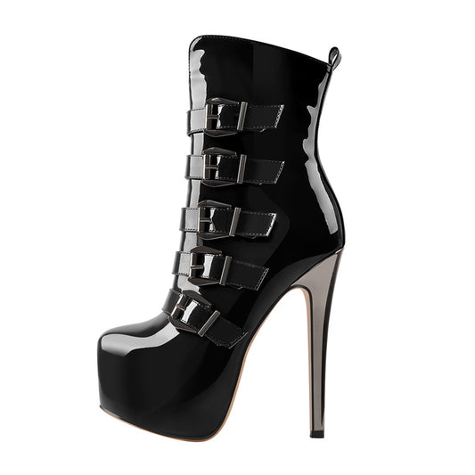 BLACK WIDOW 8-Inch Platform Buckle Boots | Patent Leather Drag Pleaser Killer Heels