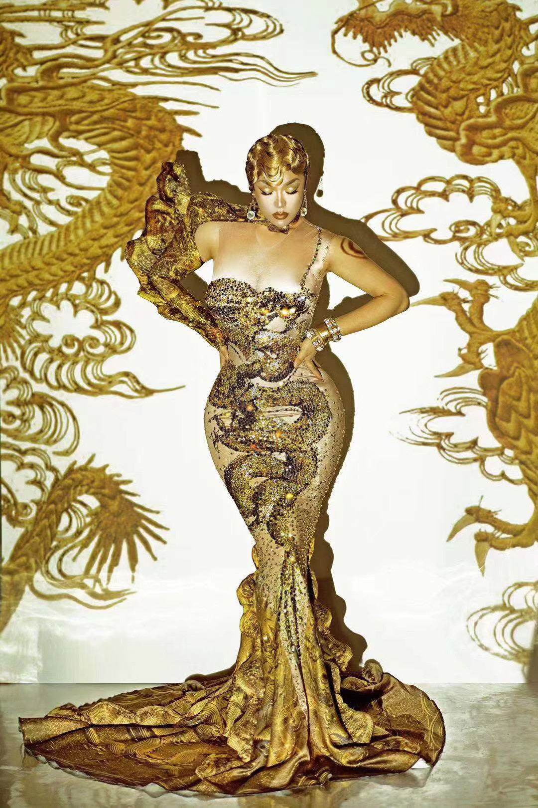 Gold Goddess Ruched Dress