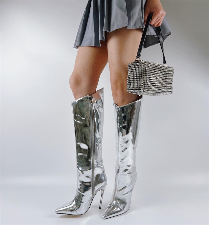 Metallic Sliver Stiletto Knee High Boots