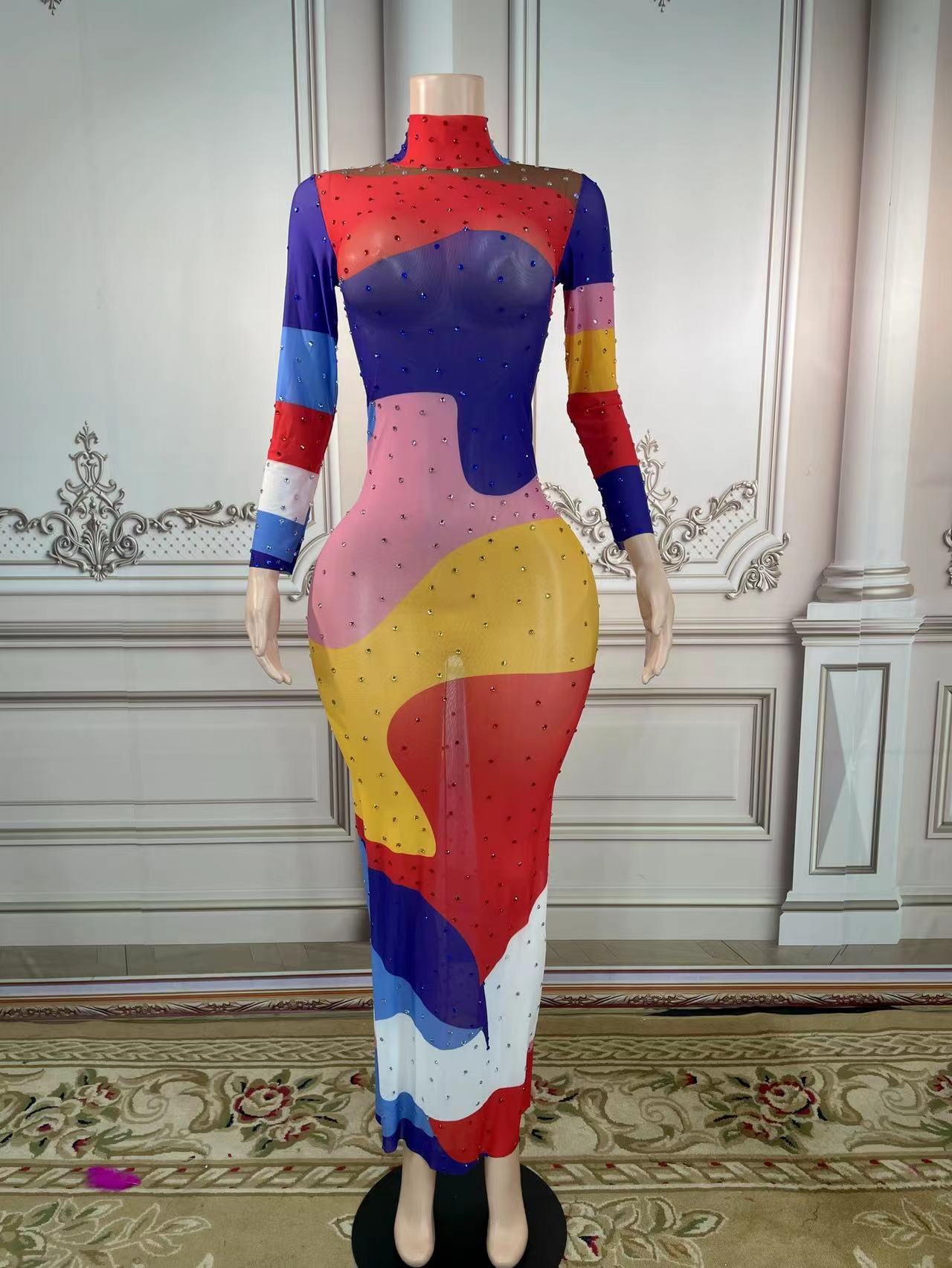 Della Katessen Transparent Rhinestone Stretch Dress