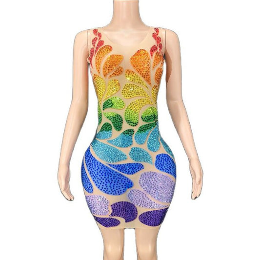 Show Stopper Rainbow Rhinestones Mesh Dress