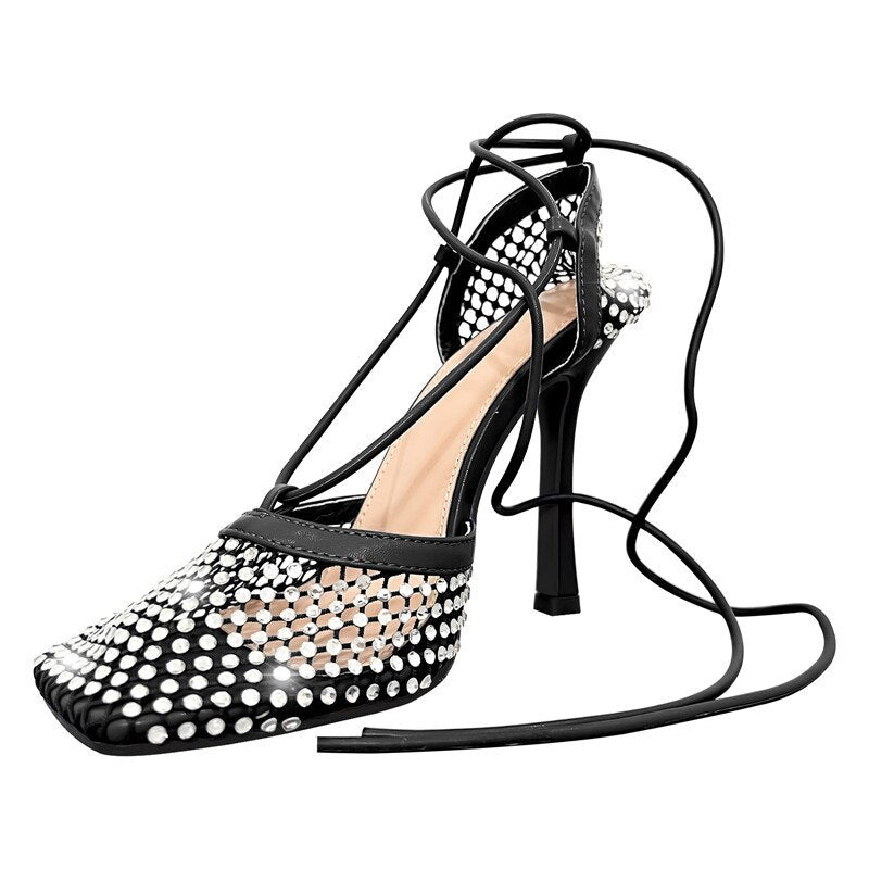 Shelby Late Lace Up Rhinestone Mesh Pumps