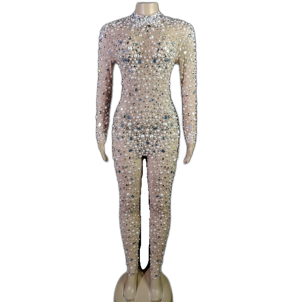 Cher D. Wealth Pearls & Rhinestones Transparent Jumpsuit
