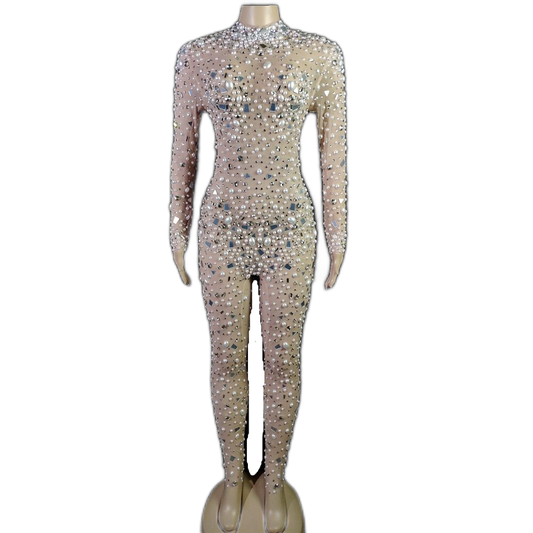 Cher D. Wealth Pearls & Rhinestones Transparent Jumpsuit