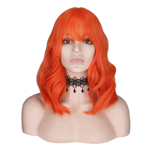 Short Wavy Orange Wig with Bangs