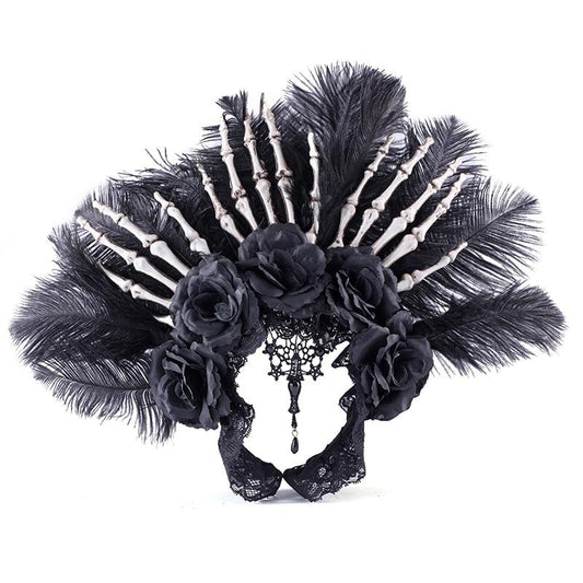 Gothic Feather & Skeleton Hands Headpiece