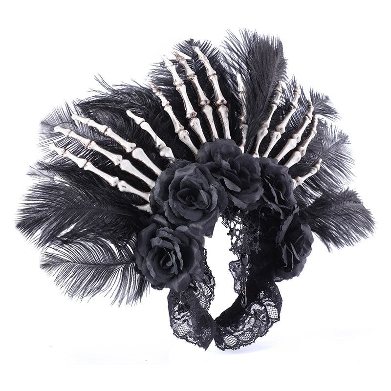 Gothic Feather & Skeleton Hands Headpiece