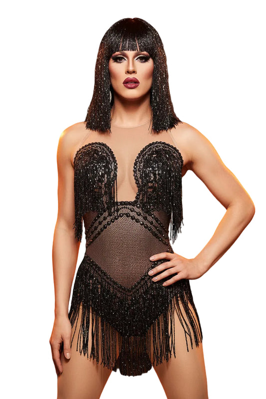 Black Rhinestone Tassel Jumpsuit Set – Stage-Ready Drag Glam