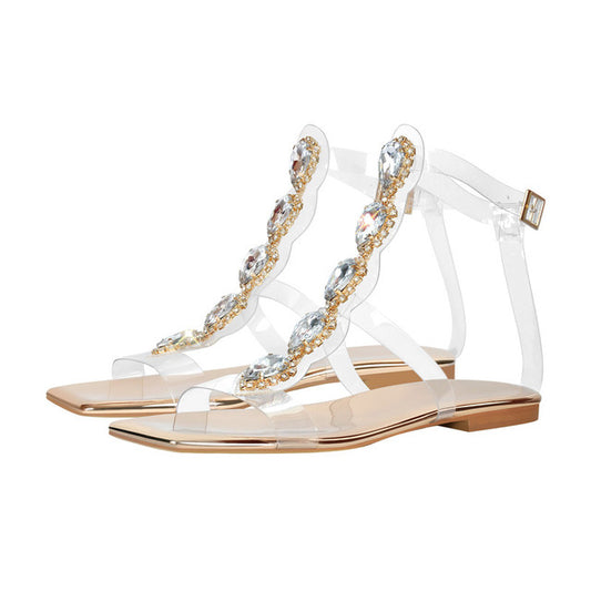 Rhinestone T-Strap Flat Sandals