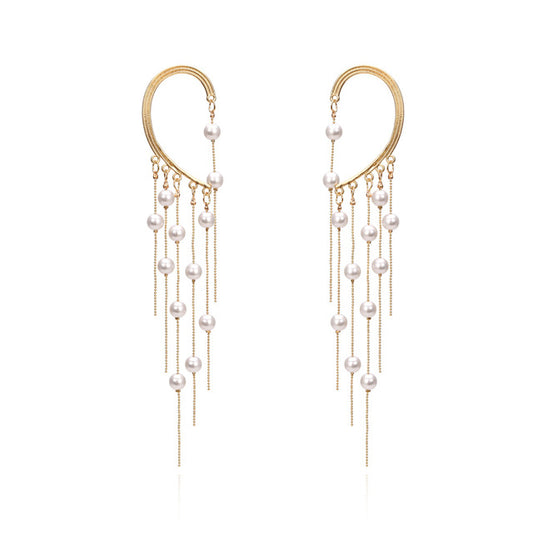 Mike Check Long Chain Tassel Clip Earrings