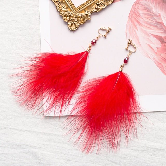 "Miss Shangay" Clip On Feather Earrings